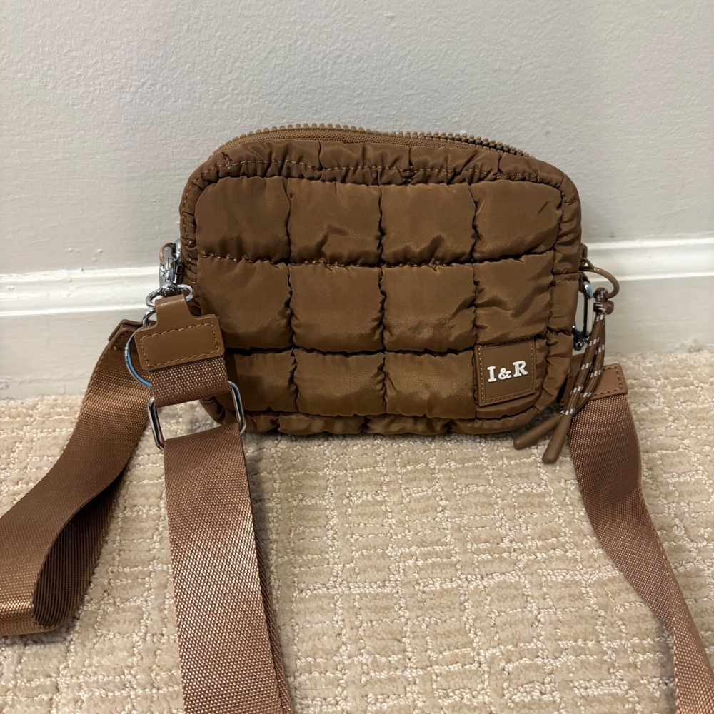 Iris & Rainbow Quilted Puffer Crossbody Bag Women Small Brown Adjustable Strap